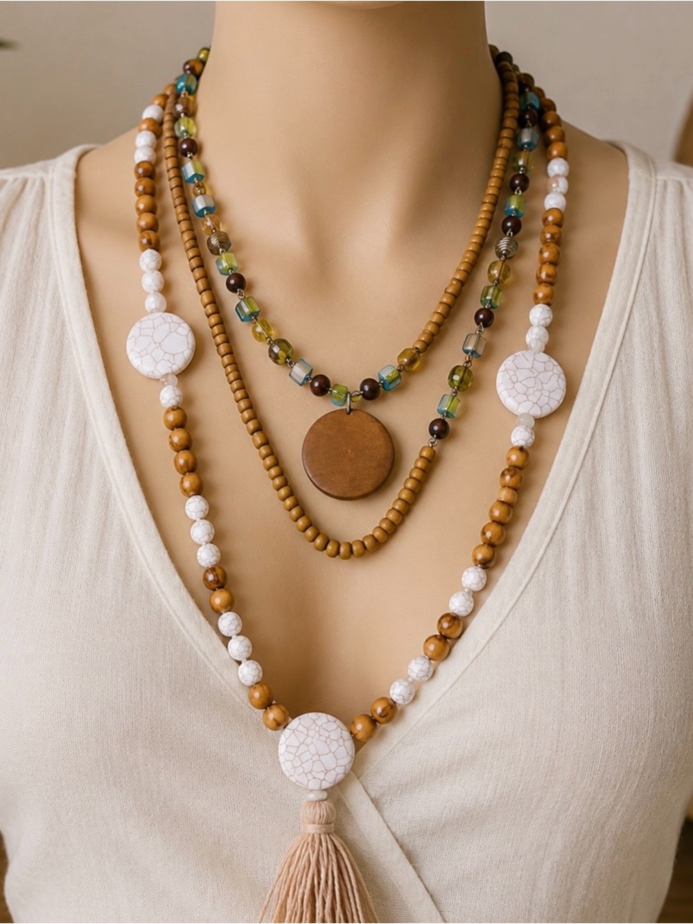 Lot of 3 Wood Bead Necklaces Tassel Pendant Boho Style, 21 Inches & 11 Inches